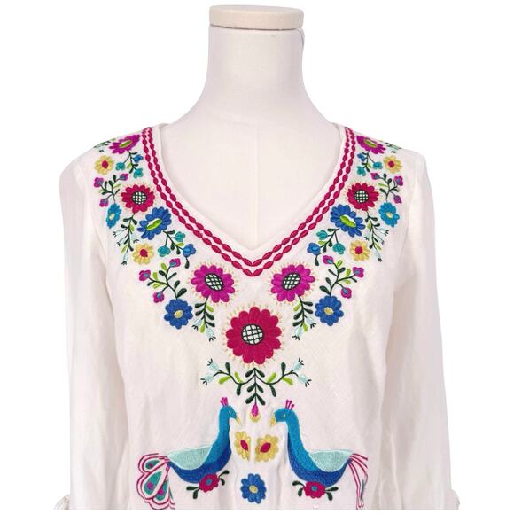 Y2K Vintage Willi Smith Peacock Flower Embroidered Linen Tunic Sz M Boho Coastal - Picture 4 of 8
